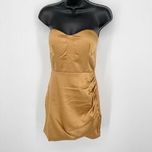 Naked Wardrobe The Statement Gold Bustier Strapless Fitted Dress NEW Women Sz S
